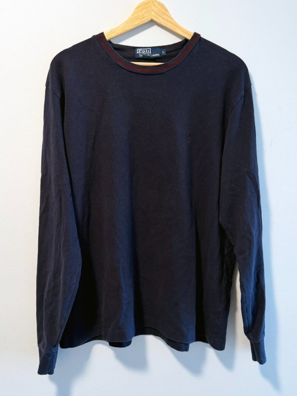Polo Ralph Lauren Shirt Navy Blue Long Sleeve Pique Crewneck Mens L Maroon Pony